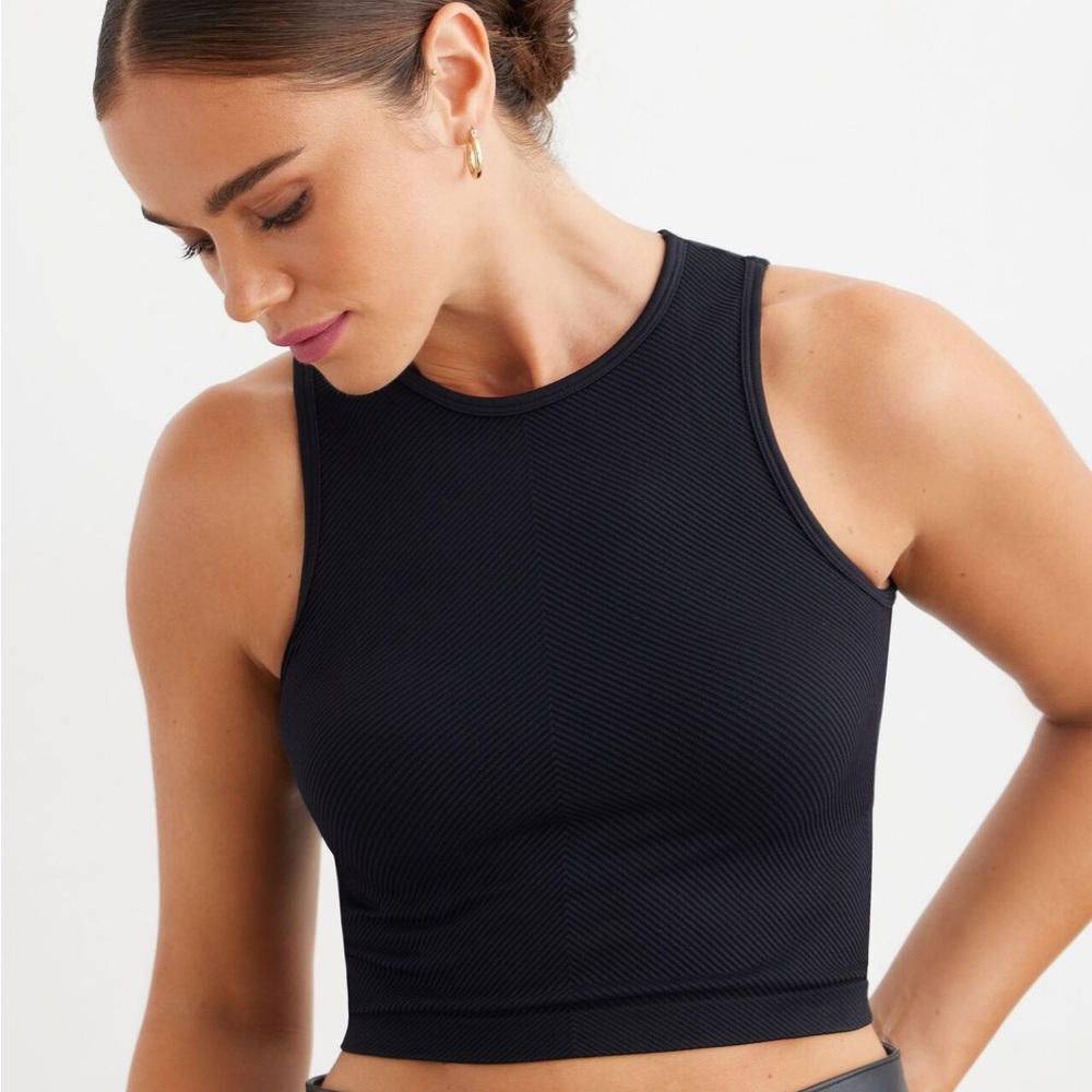Black Ribbed Crop Top Textured Minimalist Basic Large